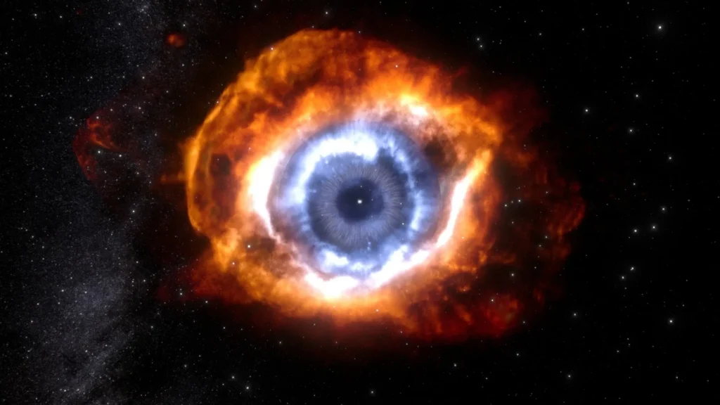 Astrophysicists have traced in detail for the first time how material from the shed envelopes of a dying star breaks do…